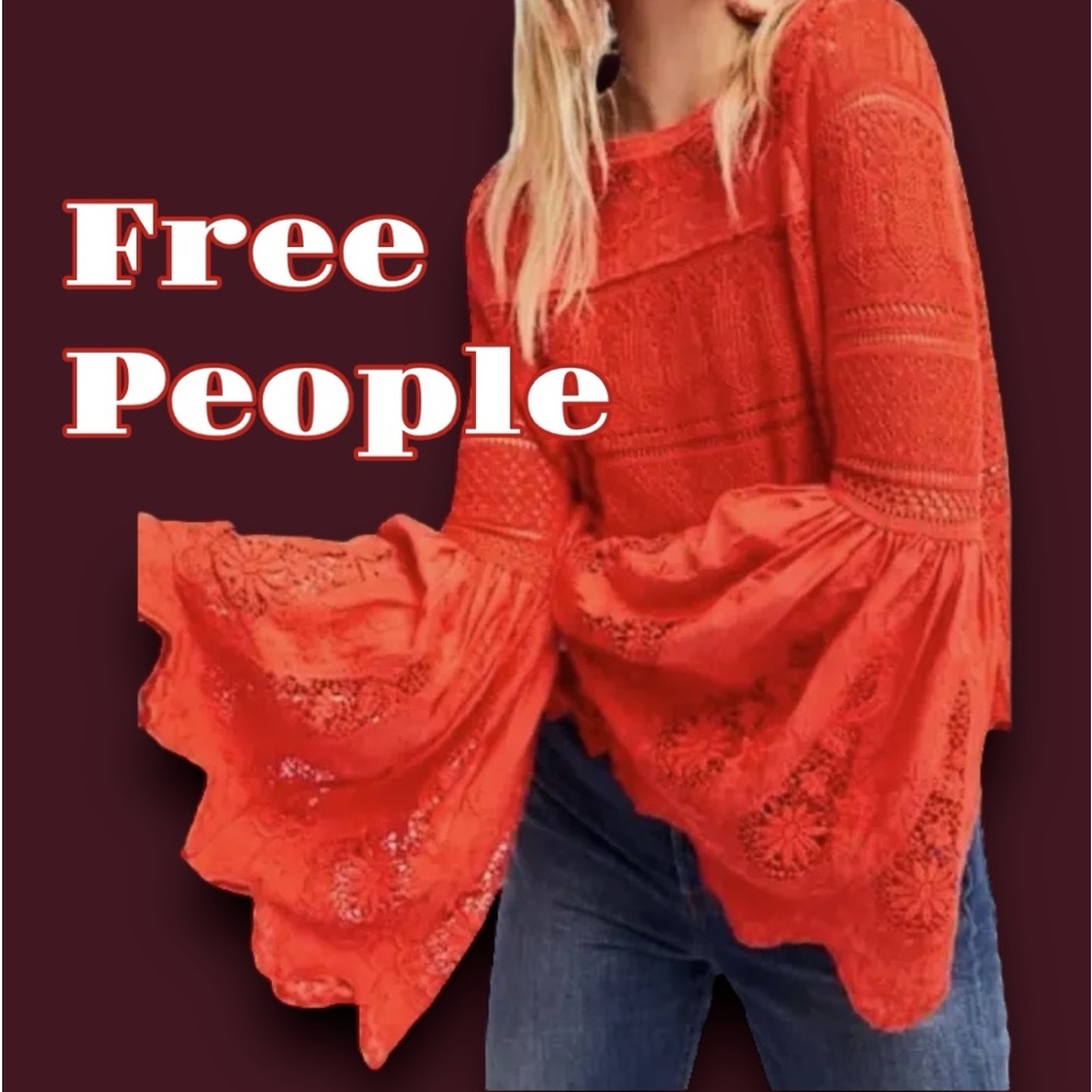 Free People Once Upon A Time Boho Knit Crochet Bell Sleeve Top